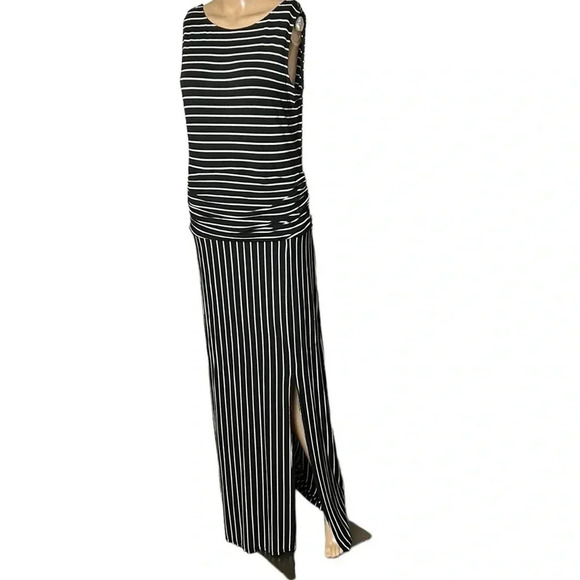 LNBF bamboo stripped,maxi dress,shirred women black &White Small. ,scoop EC - Picture 2 of 12
